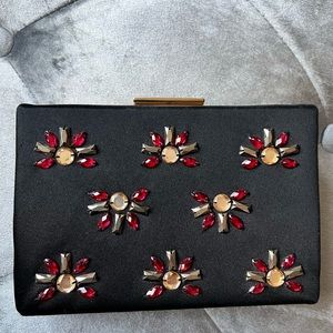 Kate Spade Black Satin Clutch with Crystals and Shoulder Strap